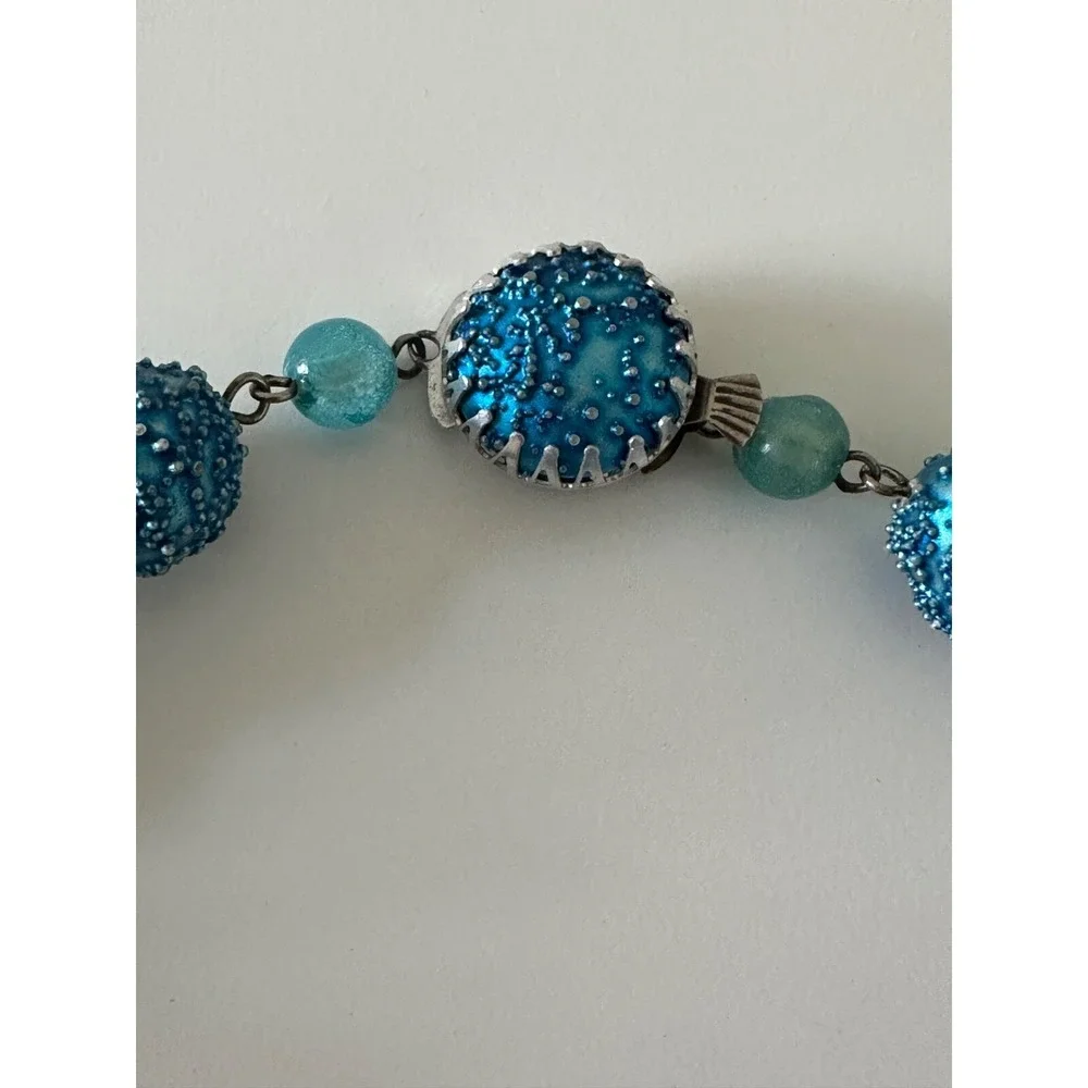 VTG Sugar Caged Beaded‎ Necklace Aqua Blue Horseshoe Pendant Crystals Hong Kong